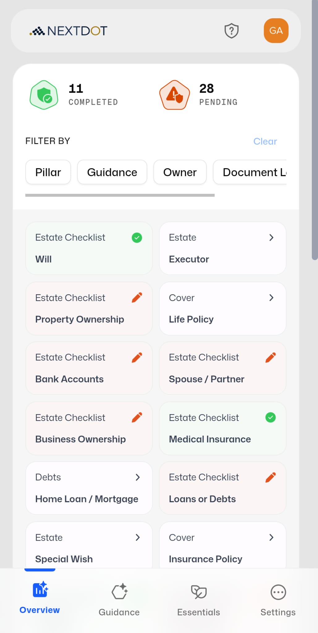 NextDot Overview Screen